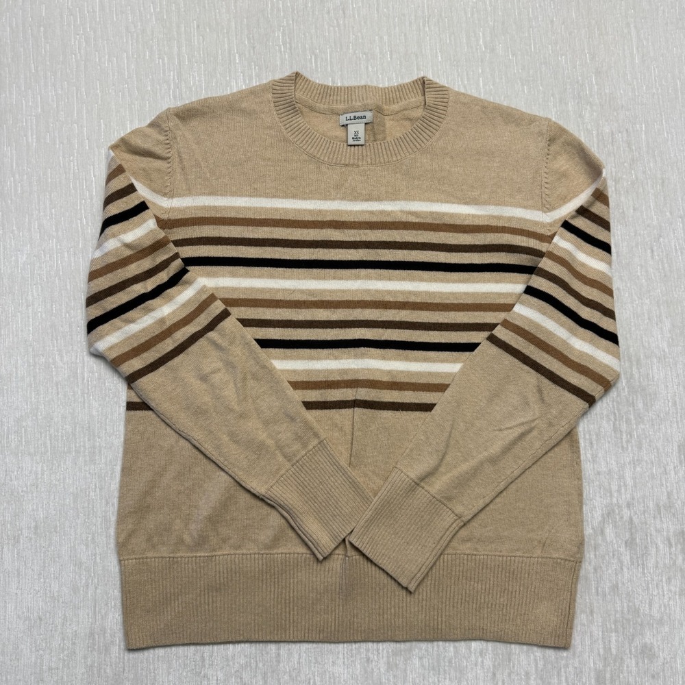 L.L.Bean Cashmere Blend Sweater Womens XS Beige Striped Crew Neck 519572